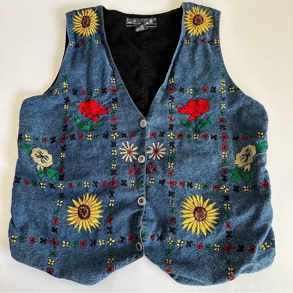 Vintage Agapo Denim Embroidered Sunflower‎ Vest Adjustable Tie Back Size 1X